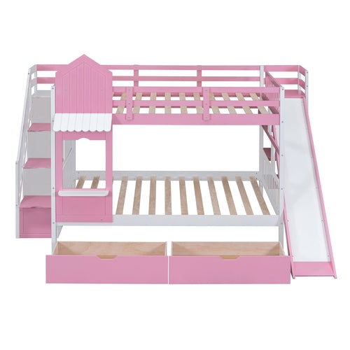 Full-Over-Full Castle Style Bunk Bed with 2 Drawers, 3 Shelves and