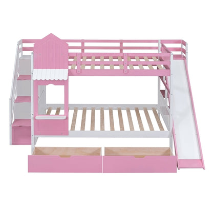 Full-Over-Full Castle Style Bunk Bed with 2 Drawers, 3 Shelves and