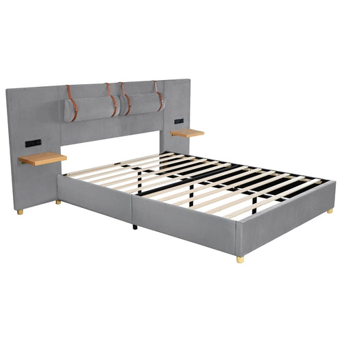 Upholstered Platform Bed with Outlets, USB Ports, Pillows and Storage
