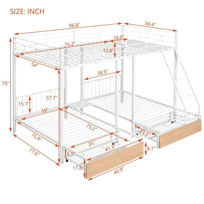 Full Over Twin & Twin Bunk Bed, Metal Triple Bunk Bed with Drawers and