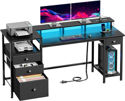 Black 60 Inch Computer Desk With 4 Drawers And Led Lights