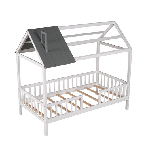 Twin Size Wood House Bed with Fence,White+Gray
