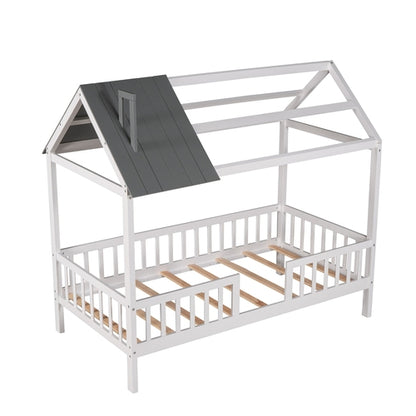 Twin Size Wood House Bed with Fence,White+Gray