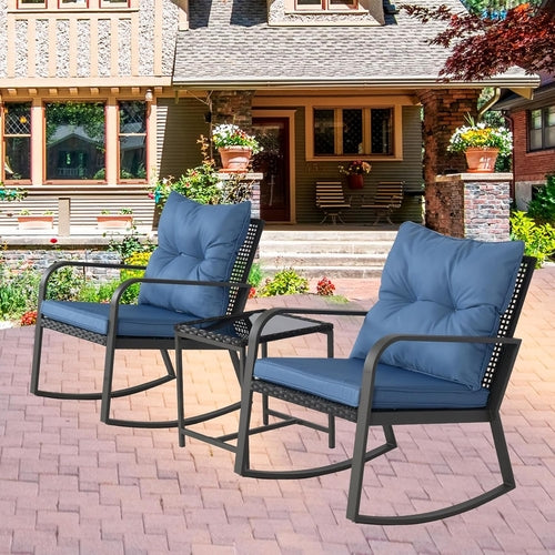 Blue 3 Piece Patio Bistro Set With Rocking Chairs And Cushioned Seats