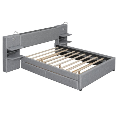 Queen Size Upholstered Platform Bed with Reading Lights, Drawers,