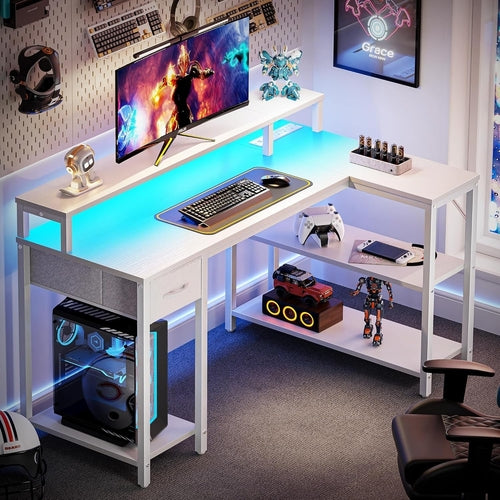 47 Inch White L Shaped Desk With LED Power Drawer Unit