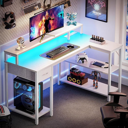 47 Inch White L Shaped Desk With LED Power Drawer Unit