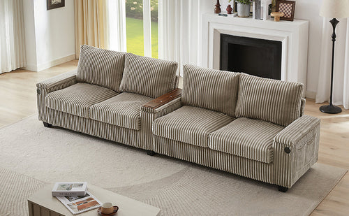 Modern 4-Seater Corduroy Sofa Couch with USB Ports, Hidden Storage and