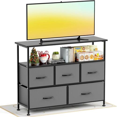 Gray TV Stand With Fabric Drawers And Wood Top 45 Inch