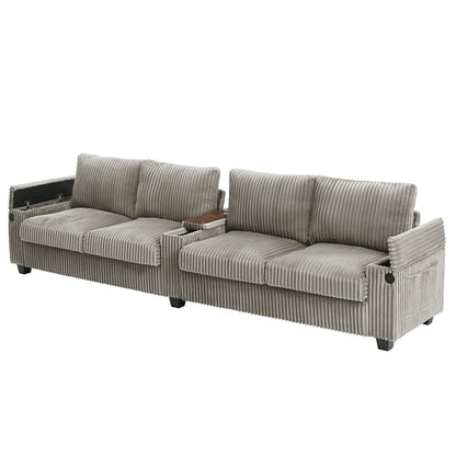 Modern 4-Seater Corduroy Sofa Couch with USB Ports, Hidden Storage and