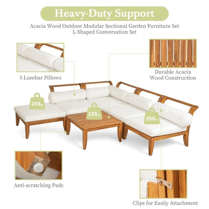 6 Piece Patio Sofa Set, Acacia Wood Outdoor Modular Sectional Garden