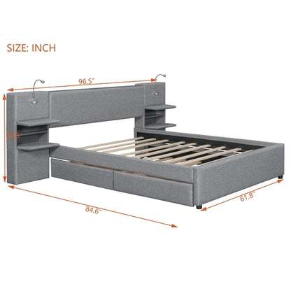 Queen Size Upholstered Platform Bed with Reading Lights, Drawers,