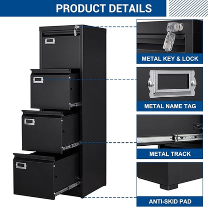 Lockable 4 Drawer Vertical File Cabinet Black Metal For Home Office