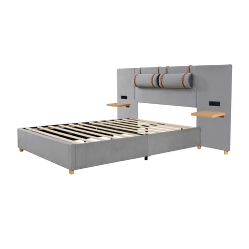 Upholstered Platform Bed with Outlets, USB Ports, Pillows and Storage