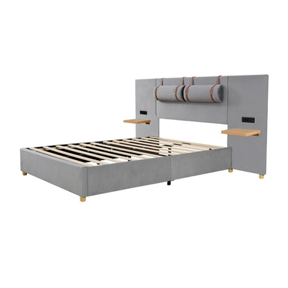 Upholstered Platform Bed with Outlets, USB Ports, Pillows and Storage