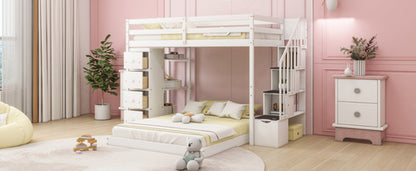 Twin Over Full Bunk Bed with 3-layer Shelves, Drawers and Storage
