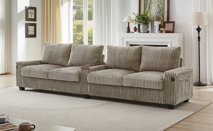 Modern 4-Seater Corduroy Sofa Couch with USB Ports, Hidden Storage and