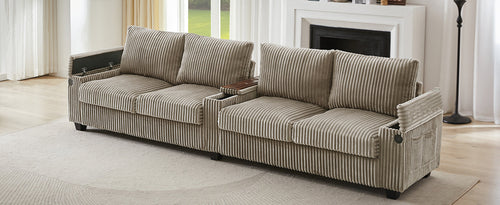 Modern 4-Seater Corduroy Sofa Couch with USB Ports, Hidden Storage and