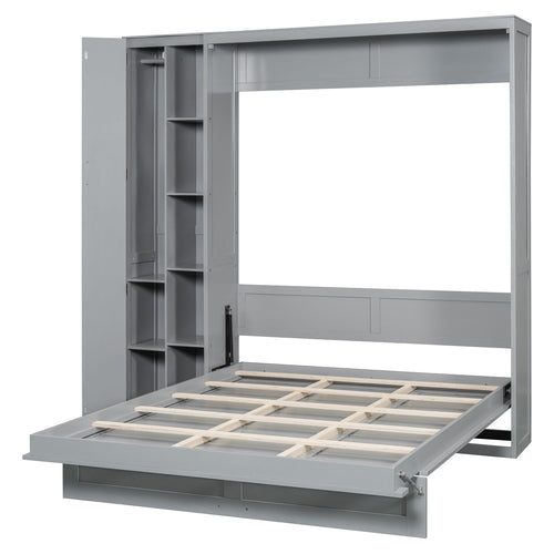 Queen Size Murphy Bed Wall Bed with Shelves, Wardrobe and LED Lights