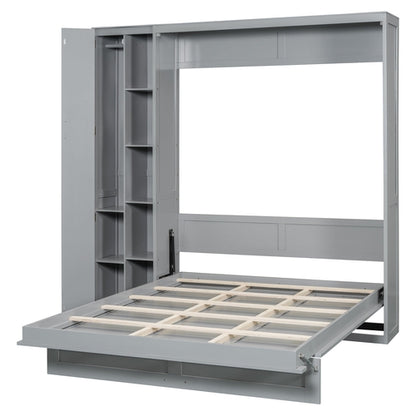 Queen Size Murphy Bed Wall Bed with Shelves, Wardrobe and LED Lights