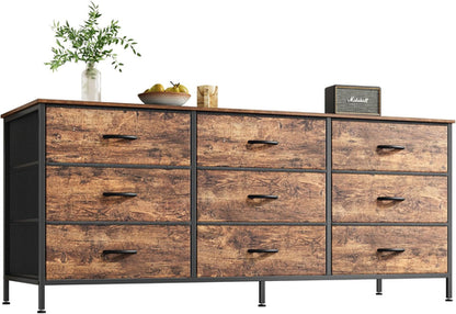 55 Inch Dresser TV Stand With 9 Fabric Drawers Rustic Brown