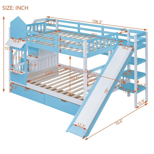 Full-Over-Full Castle Style Bunk Bed with 2 Drawers, 3 Shelves and