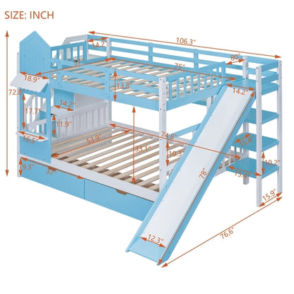 Full-Over-Full Castle Style Bunk Bed with 2 Drawers, 3 Shelves and