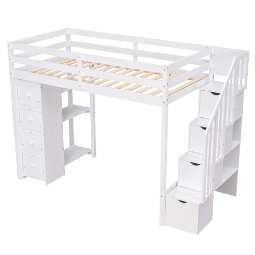 Twin size Loft Bed with Storage Drawers and Stairs, Wooden Loft Bed