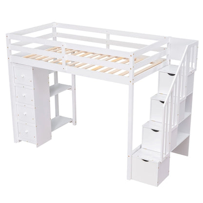 Twin size Loft Bed with Storage Drawers and Stairs, Wooden Loft Bed