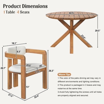 5-Piece Outdoor Acacia Wood Round Dining Set, Solid Wood Patio Table