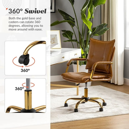 Adjustable Faux Leather Desk Chair With Golden Legs Camel