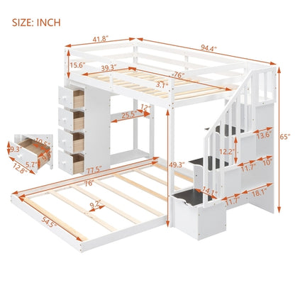 Twin Over Full Bunk Bed with 3-layer Shelves, Drawers and Storage