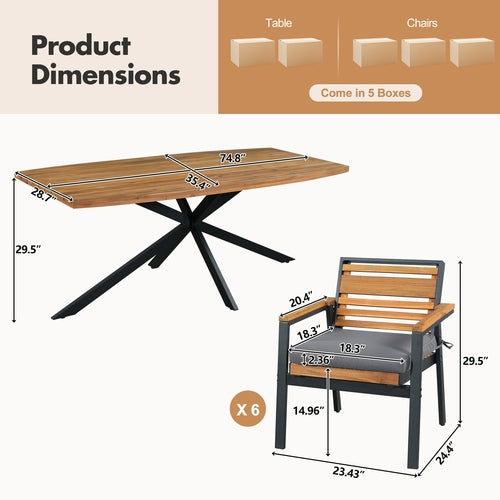 Modern 7-Piece Dining Set, Acacia Wood with Iron Frame, 6 Chairs with