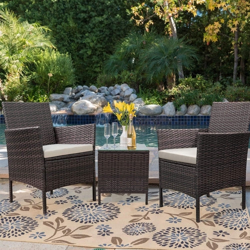 3 Piece PE Rattan Patio Set With Glass Table Brown