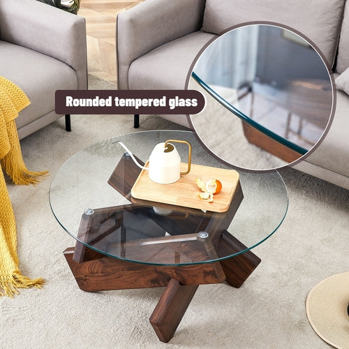 Modern Round Glass Coffee Table – 33.4" Tempered Glass Top with MDF