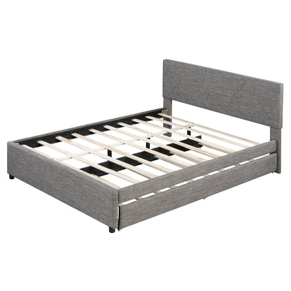 Queen Size Upholstered Platform Bed with Brick Pattern Headboard and