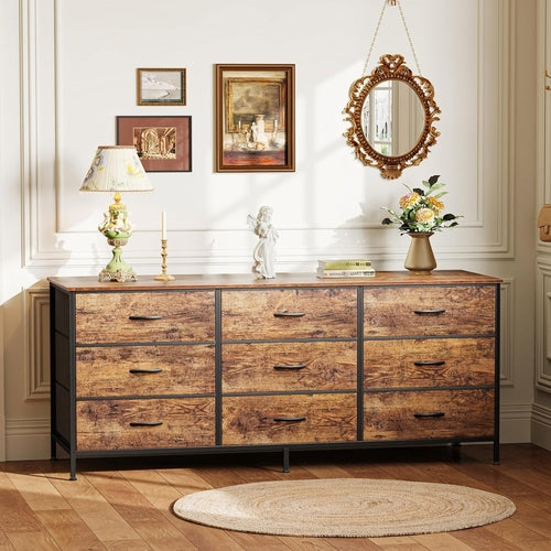 55 Inch Dresser TV Stand With 9 Fabric Drawers Rustic Brown