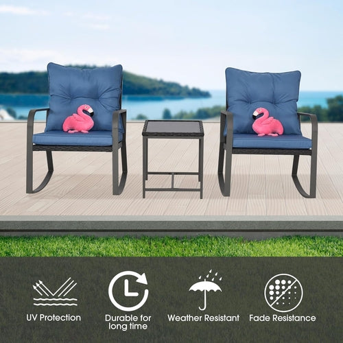 Blue 3 Piece Patio Bistro Set With Rocking Chairs And Cushioned Seats
