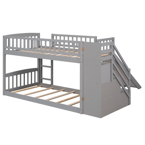 Stairway Twin over Twin Bunk Bed with Two Drawers and Slide, Gray