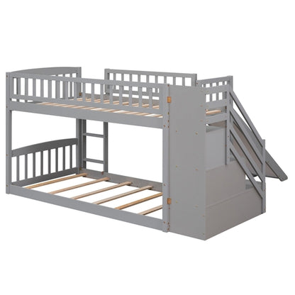 Stairway Twin over Twin Bunk Bed with Two Drawers and Slide, Gray