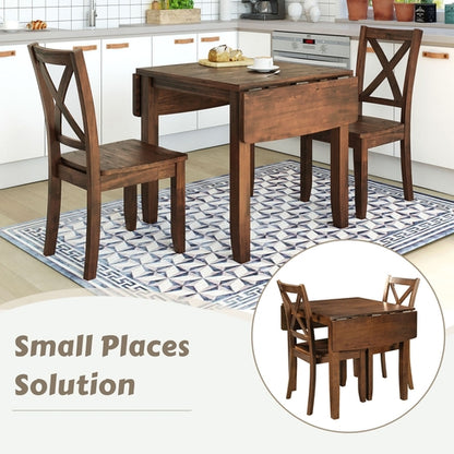 3-Piece Wood Drop Leaf Breakfast Nook Dining Table Set with 2 X-back