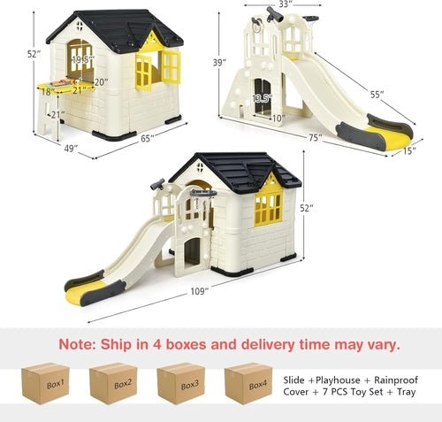 7-in-1 Kids Playhouse Slide Cottage Picnic Yellow