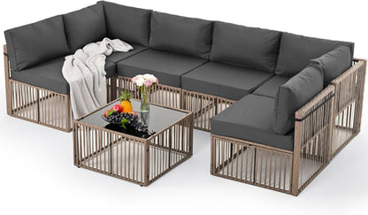 Brown Rattan Outdoor Conversation Set With Gray Cushions