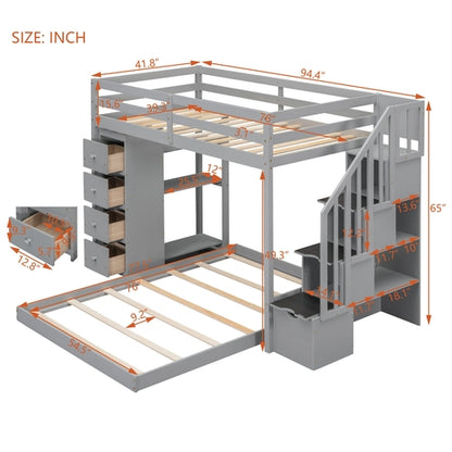 Twin Over Full Bunk Bed with 3-layer Shelves, Drawers and Storage