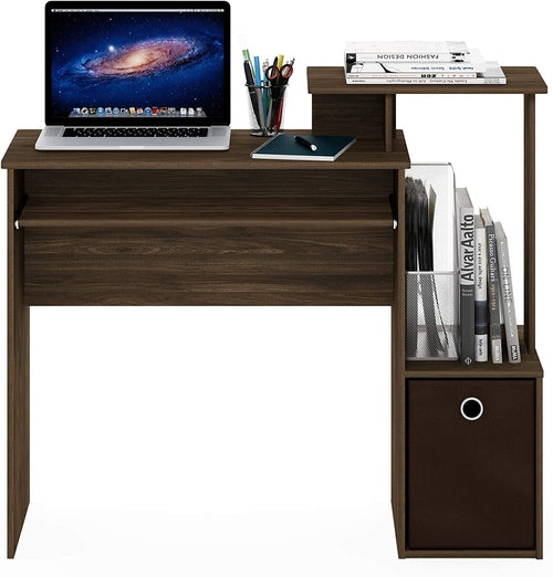 Walnut Compact Desk With Keyboard Tray And Shelves