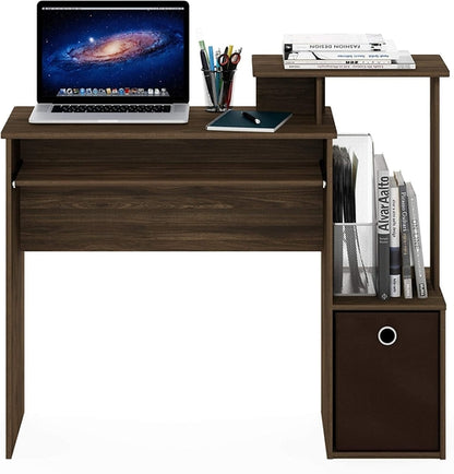 Walnut Compact Desk With Keyboard Tray And Shelves