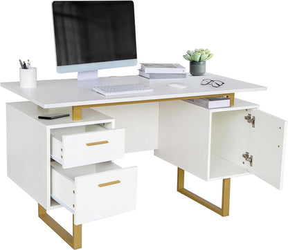 51 Inch White And Gold Desk With Storage Cabinet Drawers