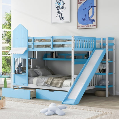 Full-Over-Full Castle Style Bunk Bed with 2 Drawers, 3 Shelves and