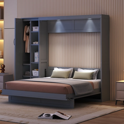 Queen Size Murphy Bed Wall Bed with Shelves, Wardrobe and LED Lights