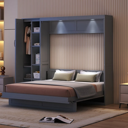 Queen Size Murphy Bed Wall Bed with Shelves, Wardrobe and LED Lights